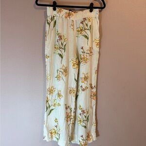Rachel Roy Linen Pants Womens Small Tan Floral Wide Leg Elastic Waist